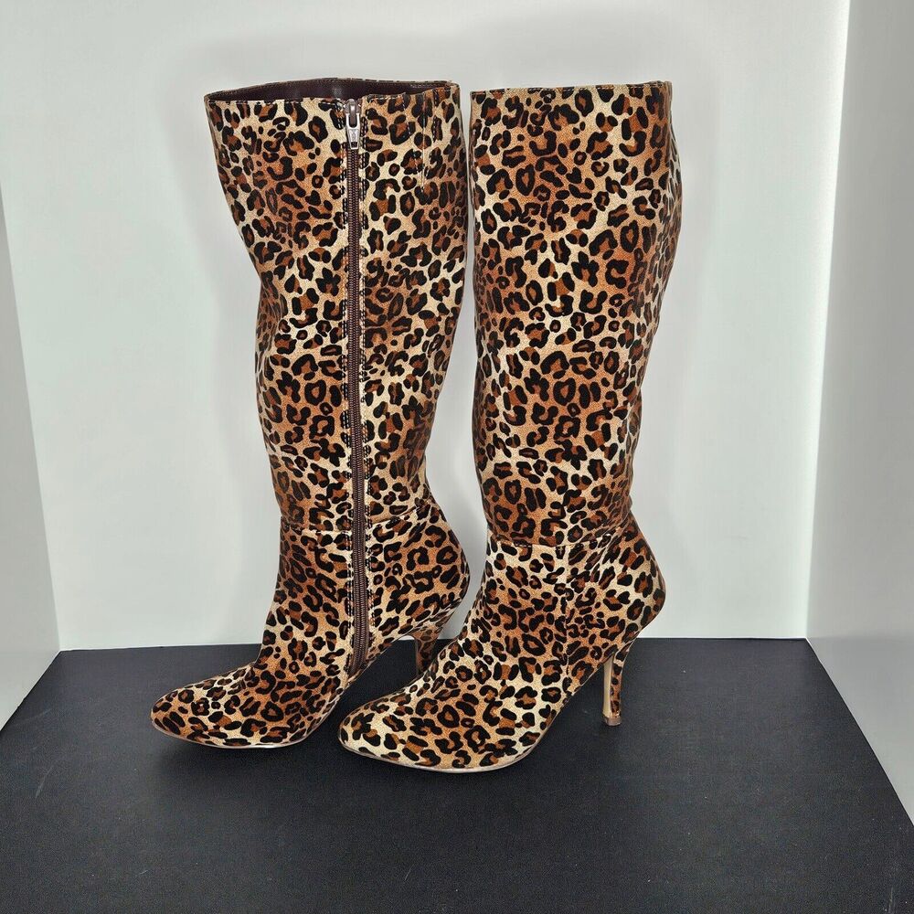 Leopard Print Boots High Heel Platform Zip Knee High Brown Tan Sz 8